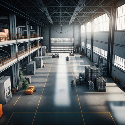 Interior of a large logistics warehouse.